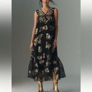 🦋 Anthropologie Sleeveless Butterfly Midi Dress NEW Black Gold Butterfly